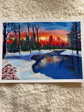 Sunset Winter Landscape Canvas Art - Blue, Red, Green